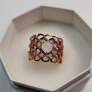 Bomb Party Ring Rose Gold Lattice Ring with Opalescent Stone Size 8